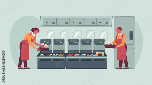 Illustration depicting two flight attendants preparing food in the galley of an airplane cabin area