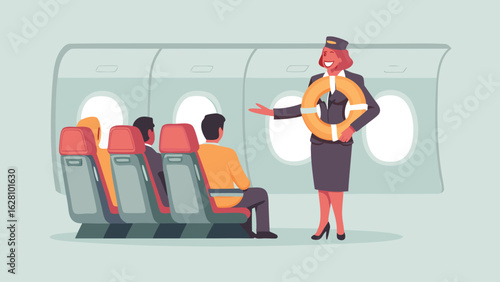 Flight attendant demonstrating safety procedures to passengers on an airplane with a life vest