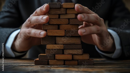 Businessman stacking wooden blocks with problem-solving icons for business solutions and strategy planning.