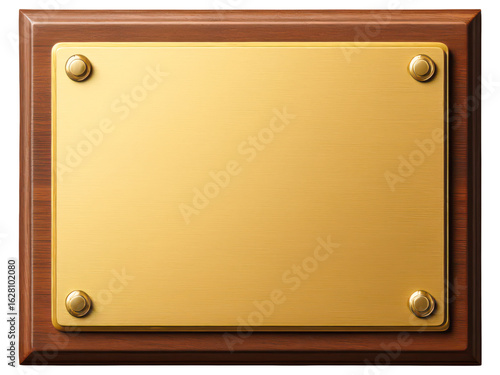 Blank golden brass plaque mounted on a wooden frame isolated on a transparent background