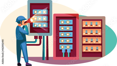 Man in blue uniform inspecting electrical panels with a flashlight in a well lit indoor environment