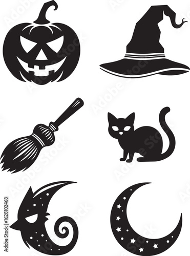 Spooky Halloween icons: pumpkin, hat, cat, broom, moon