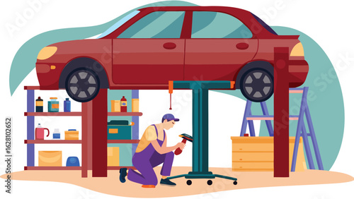 Illustration of a car being repaired by a mechanic in a garage with tools and equipment present