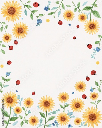 Vibrant Sunflowers and Ladybugs Watercolor Frame for Summer & Spring Designs