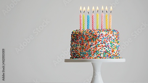 Birthday Cake with Colorful Sprinkles and Candles, White Background, Front View, Bright Natural Light
