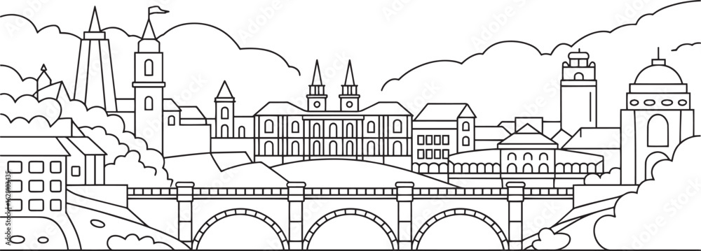 Fototapeta premium Detailed Line Art Skyline of Ljubljana Slovenia with Iconic Buildings and Landmarks on Hills