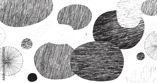 Elegant monochrome floral pattern with budding flowers and  Black and White Geometric Floral Doodle Style Outline Drawing Six Flowers with Leaves Simple Line Art Botanical Pattern