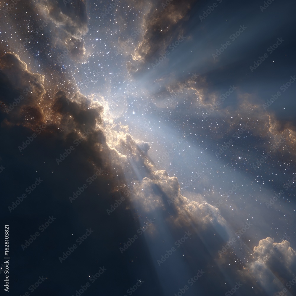 Fototapeta premium A glowing, starry river of light, flowing from the top left to the bottom right in the space between clouds.