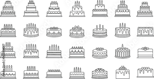 Birthday cake icons set,  sweet treats graphics,  dessert illustrations, party celebration symbols, sweet treats graphics, baking design elements, editable vector clipart collection, festive themes
