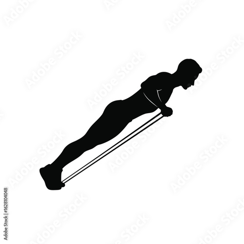 Silhouette of a man doing pushups with resistance band isolated on white background, showcasing strength training, fitness, and bodyweight exercise