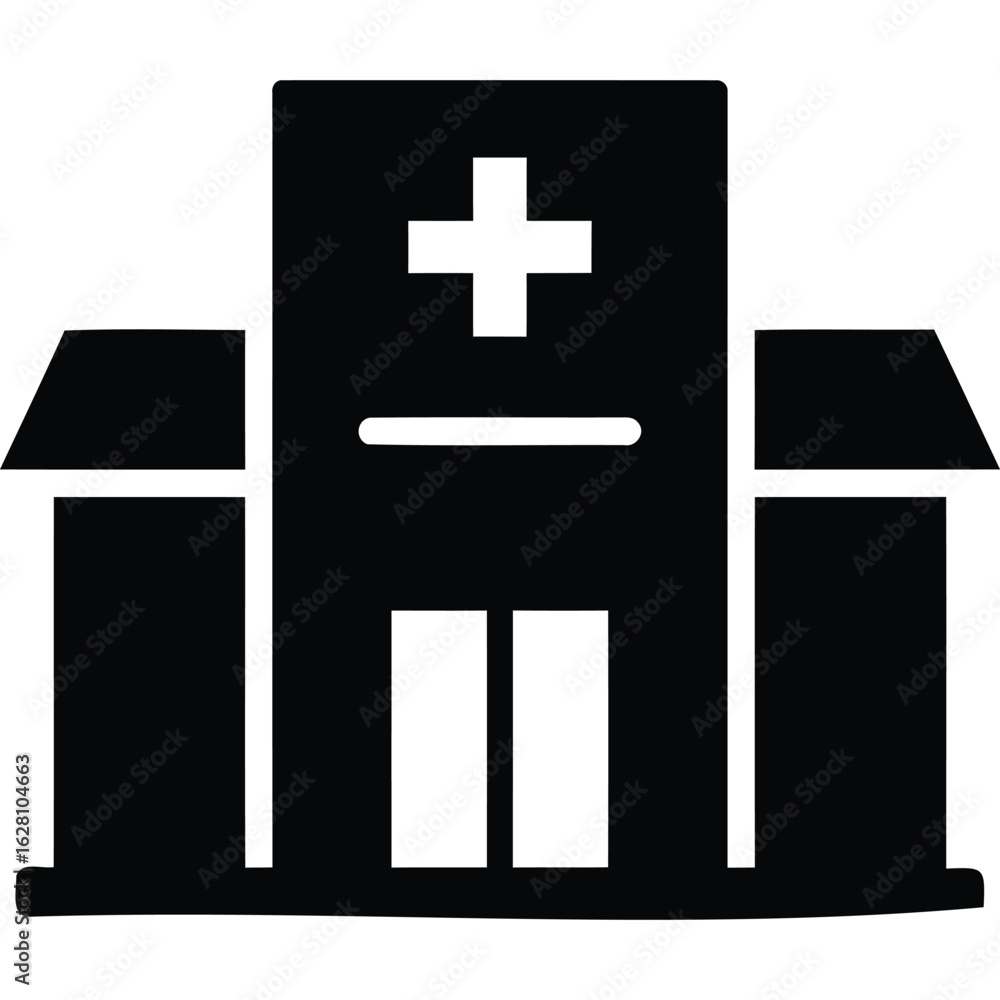 Obraz premium A black and white silhouette depiction of a hospital building with a prominent cross on the roof area