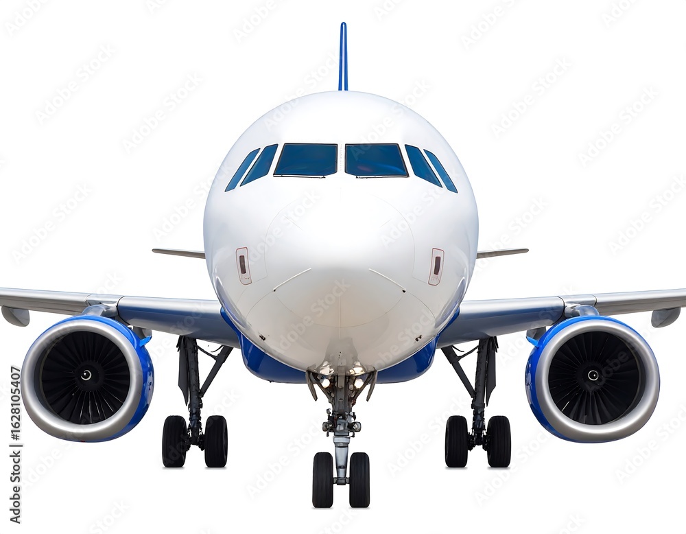 Fototapeta premium Front view of commercial airplane isolated on white background for travel concept