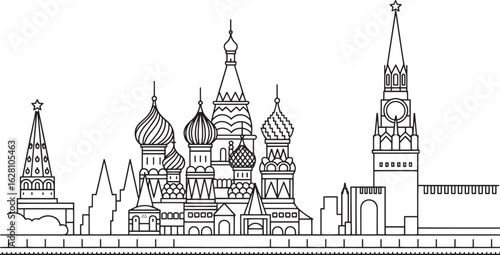 Detailed Moscow Skyline Outline Vector Illustration of Iconic Landmarks and Architecture in Russia