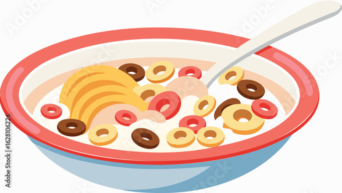 Illustration of a bowl of cereal with milk and a spoon showing breakfast food and a colorful bowl
