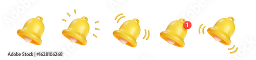 3d notification bell icon set isolated on white background. 3d render yellow ringing alarm bell notice. New message notification sign. Social media reminder. Realistic alert vector icon