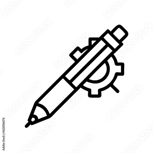Creative Design Process: A minimalistic illustration of a pen paired with a gear, symbolizing the intersection of writing and technological innovation and the design process. 