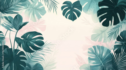 Plant pattern from tropical leaves of Monstera on a background in color Living Coral. Top view.