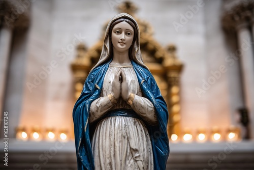 Virgin Mary statue in blue robe with candles, Mary statue at ornate church altar, Faith and devotion religious concept image