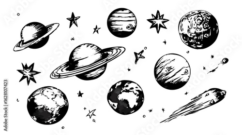 A hand-drawn collection of celestial bodies including planets stars and comets in a sketchy black and white ink style.
