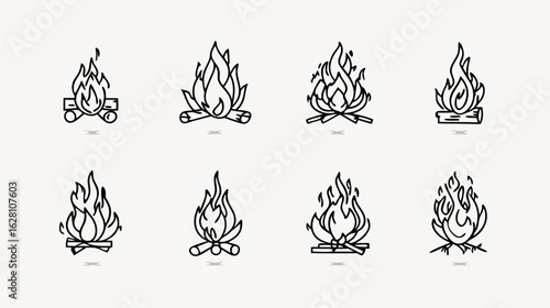 Collection of eight campfire and bonfire icons in a clean black line art style with varied flame and log designs.
