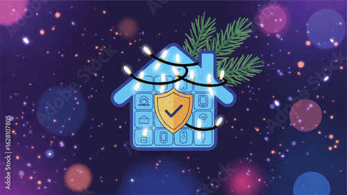 Blue house with smart icons and festive lights smart home