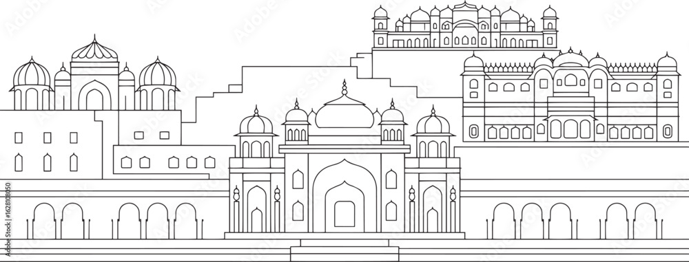 Obraz premium Detailed Outline of an Indian Palace Architecture with Domes and Arches on a Transparent Backdrop