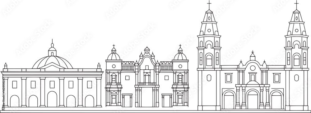 Obraz premium Detailed Outline of Guadalajara Cathedral and Government Palace in Jalisco, Mexico Skyline