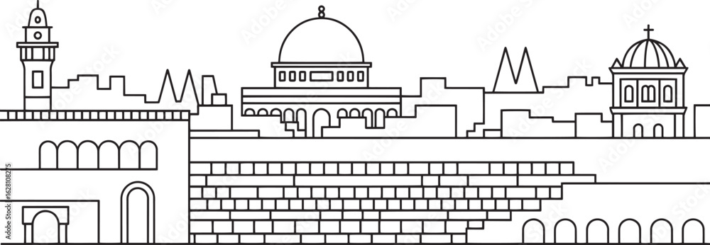 Fototapeta premium Detailed Outline of Jerusalem Skyline with Buildings and Domes on a Transparent Backdrop