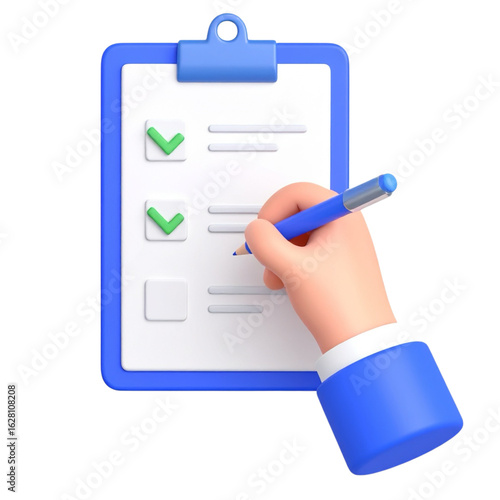 Hand writing on a clipboard with two green checkmarks, and one unchecked box.