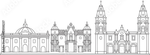 Detailed Outline of Guadalajara Cathedral and Government Palace in Jalisco, Mexico Skyline