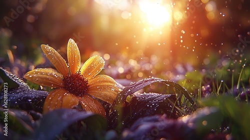 Close-up of Yellow Chrysanthemum Petals with Dew Drops, Sunlight, Macro, Bokeh, Vibrant Colors
