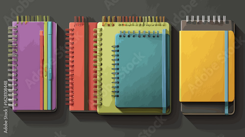 Colorful notebooks with coil binding, stacked and organized. School or office supplies create a vibrant workspace and encourage creativity.
