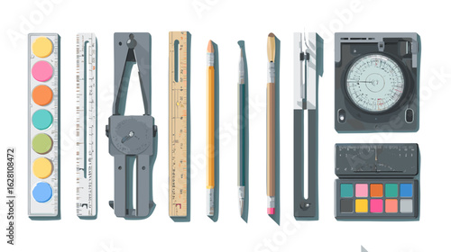 Overhead shot of tools like rulers, pencils, and a slide rule. The composition shows drafting, mathematical, and art tools on a flat surface.