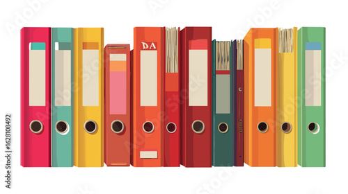 Organized row of colorful office file binders, essential for storage and efficiency in any workspace, aiding documentation and archives.