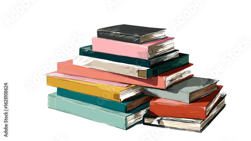 A colorful stack of books resting on a black surface, depicted in a painterly style, conveys knowledge and learning.