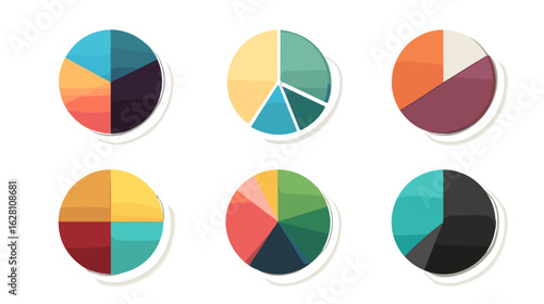 Collection of differently colored pie charts arranged neatly, each divided into various segments, perfect for showcasing data trends and comparisons.
