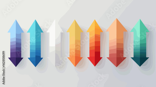 Gradient Arrows: A colorful row of arrows pointing upwards and downwards, showcasing a vibrant spectrum on a patterned background.