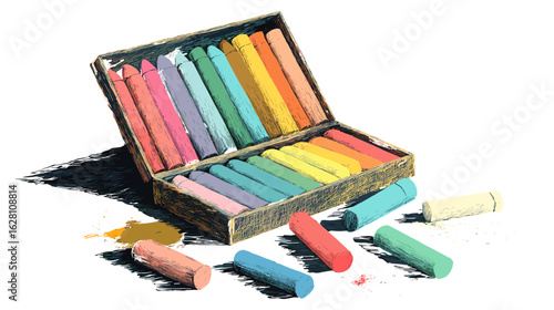 A box of vibrant chalk pastels in assorted colors is depicted. Some pastels lay outside the box with small color smudges on the surface.