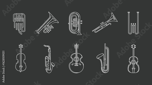 A monochromatic collection of line art depicting various musical instruments, arranged in a neat composition against a dark background.