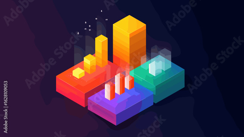 Isometric illustration of a colorful data visualization chart with various sizes and colors against a dark background. Data analysis. 