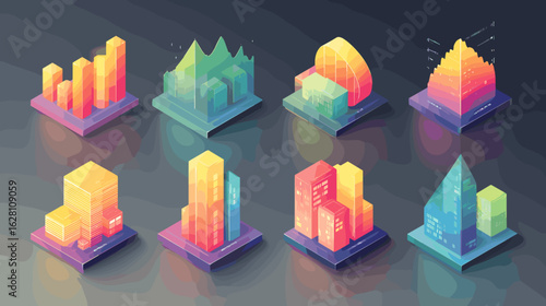 Colorful isometric abstract building compositions display urban architecture. An artistic interpretation of structures in a modern design style.