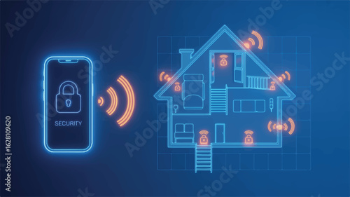 Glowing smartphone controlling secure house smart home