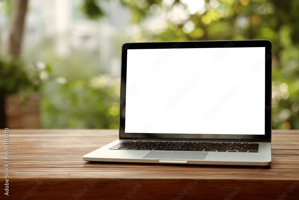 Laptop on wooden table outdoors Laptop on wooden table outdoors