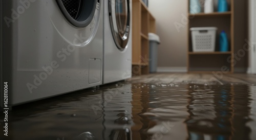 Washing machine leak floods laundry room floor causing water damage