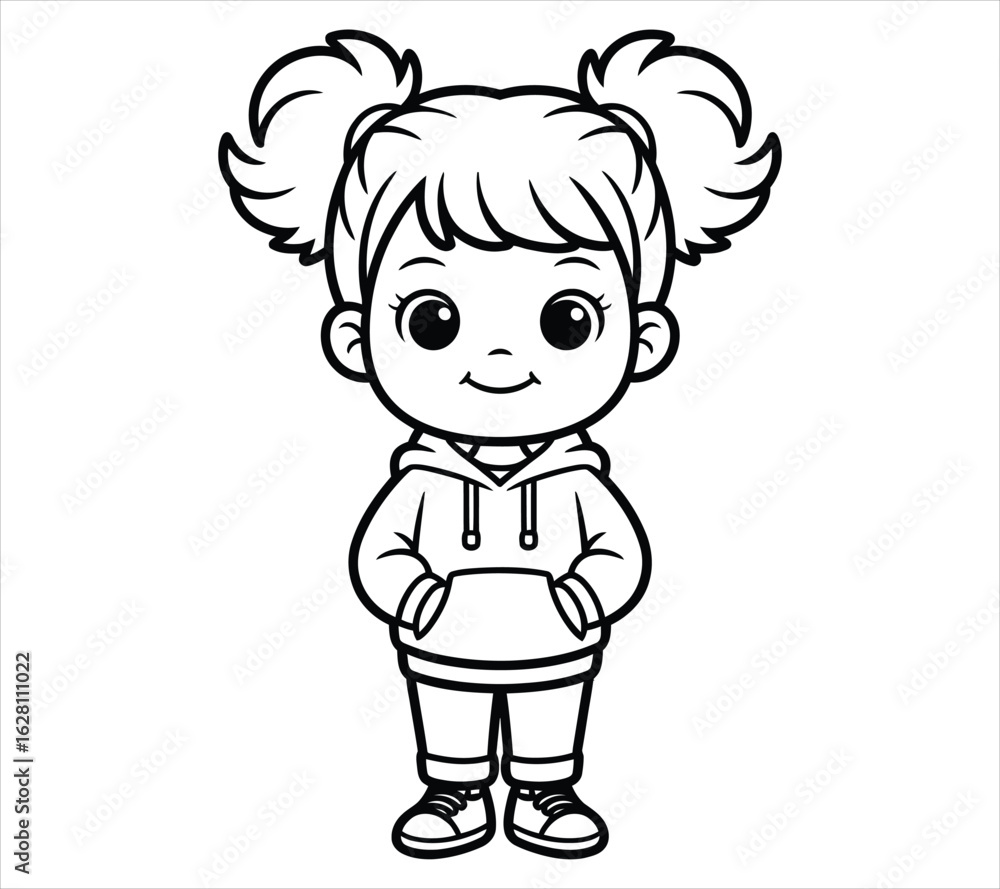 Fototapeta premium Chibi Girl with Messy Buns Coloring Page
