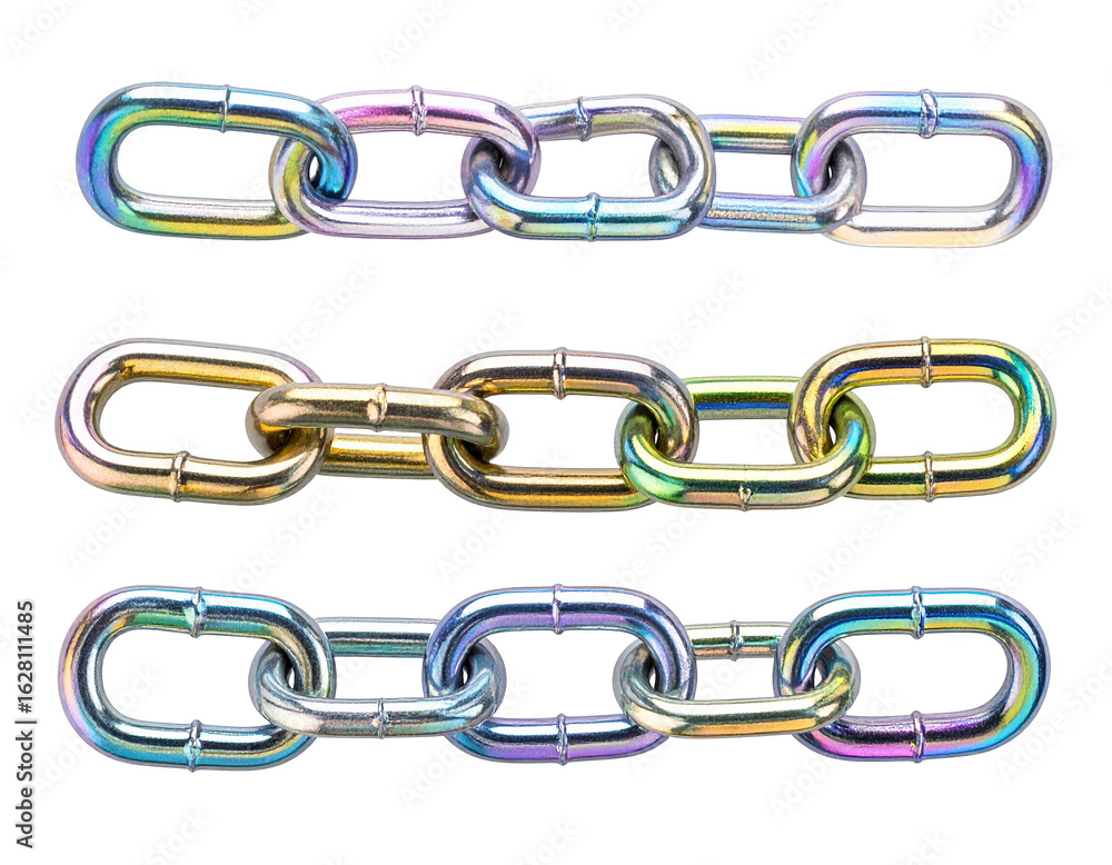 Three metal chains with iridescent finish on white background Three metal chains with iridescent finish on white background