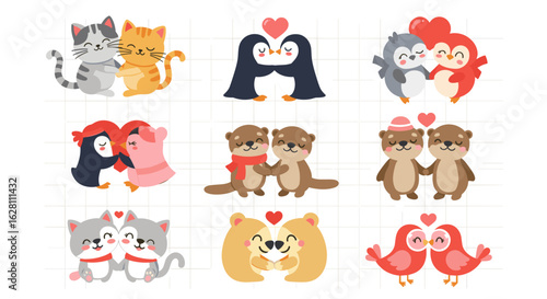 Collection of cartoon animal couples in love including cats penguins otters and birds on brick background