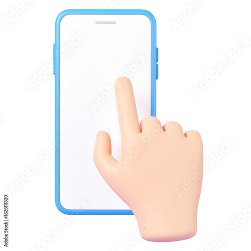 A 3D-rendered hand interacts with a light-blue smartphone, finger poised to tap the blank screen.