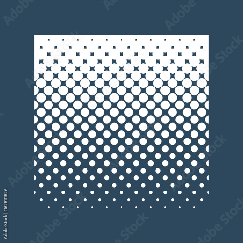 Halftone design element, rectangular halftone dot pattern. Specks, vector circle gradient. Modern design in polygraph style. Printing pattern.