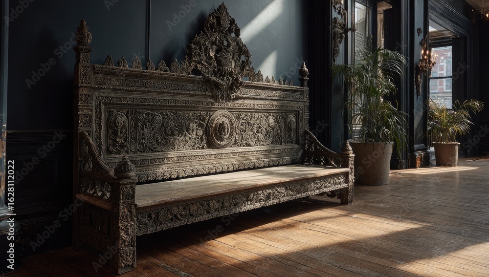 Ornate wooden bench in dark room Ornate wooden bench in dark room